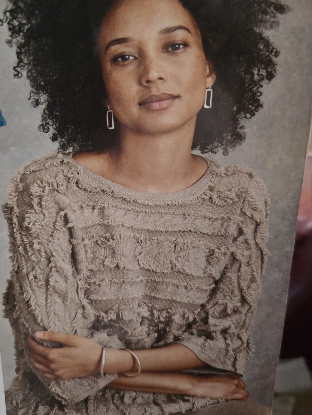 J. Jill Taupe Textured Fringe Crewneck Sweater